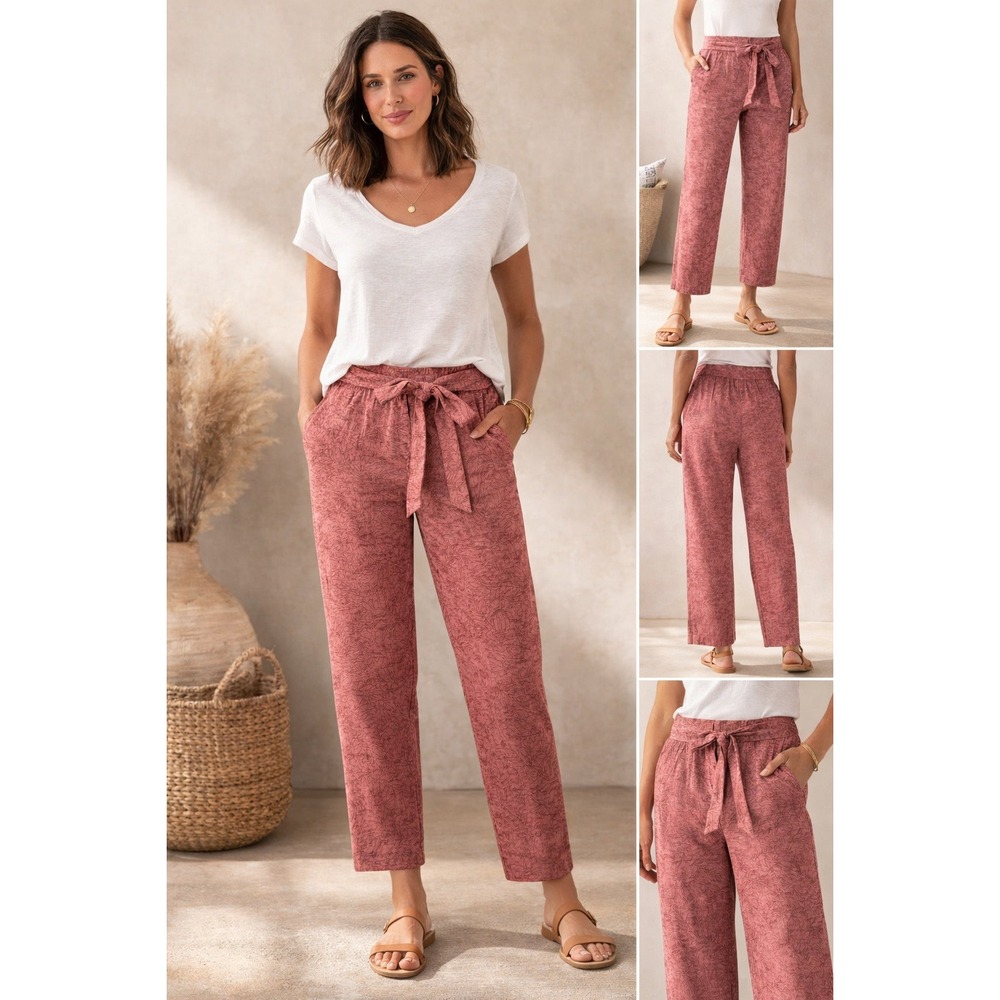 Columbia Womens S Regular Straight Leg Tie Waist Pants Terracotta Rose Botanical
